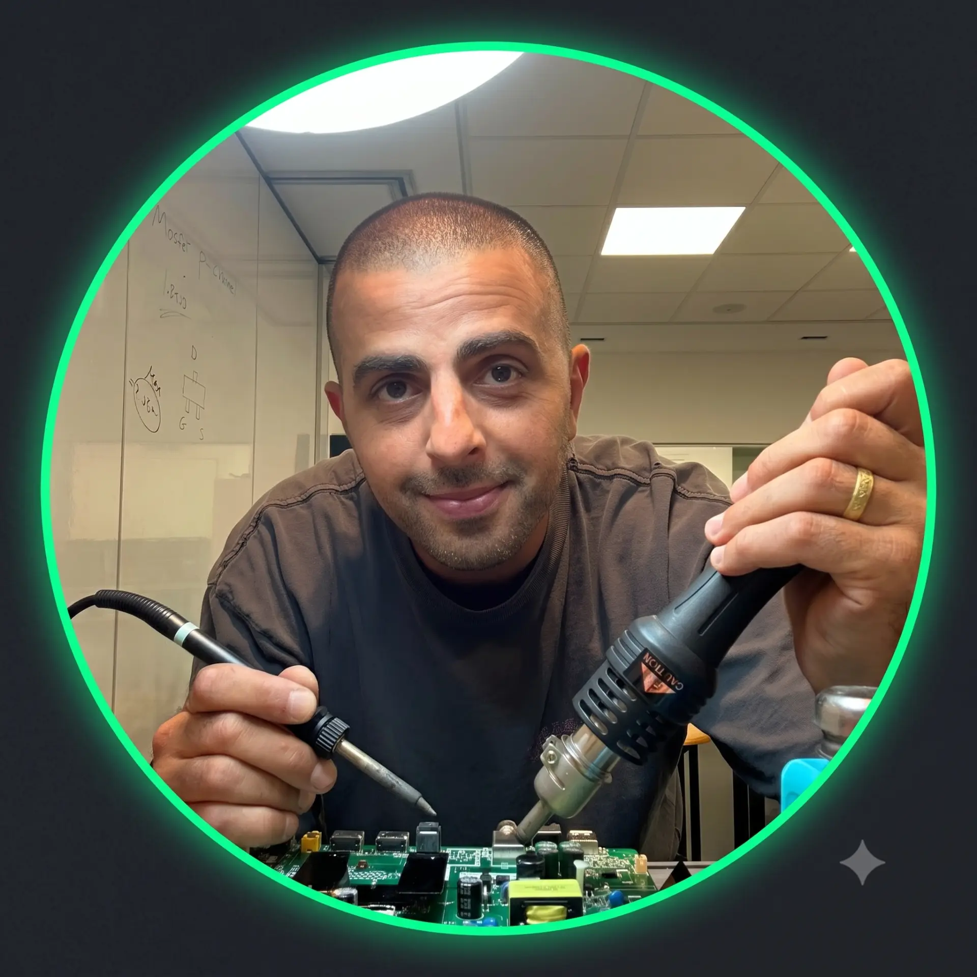 גיל שקורי עובד עם כלי הלחמה מדויקים על כרטיס אלקטרוני